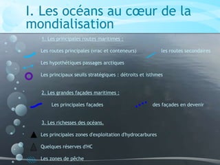 1. Les principales routes maritimes :
Les routes principales (vrac et conteneurs) les routes secondaires
Les hypothétiques passages arctiques
Les principaux seuils stratégiques : détroits et isthmes
2. Les grandes façades maritimes :
Les principales façades des façades en devenir
3. Les richesses des océans.
Les principales zones d'exploitation d'hydrocarbures
Quelques réserves d'HC
Les zones de pêche
I. Les océans au cœur de la
mondialisation
 