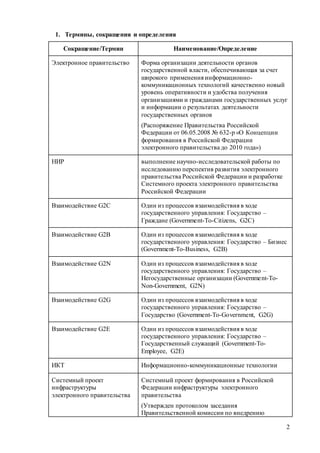 2
1. Термины, сокращения и определения
Сокращение/Термин Наименование/Определение
Электронное правительство Форма организации деятельности органов
государственной власти, обеспечивающая за счет
широкого применения информационно-
коммуникационных технологий качественно новый
уровень оперативности и удобства получения
организациями и гражданами государственных услуг
и информации о результатах деятельности
государственных органов
(Распоряжение Правительства Российской
Федерации от 06.05.2008 № 632-р «О Концепции
формирования в Российской Федерации
электронного правительства до 2010 года»)
НИР выполнение научно-исследовательской работы по
исследованию перспектив развития электронного
правительства Российской Федерации и разработке
Системного проекта электронного правительства
Российской Федерации
Взаимодействие G2C Один из процессов взаимодействия в ходе
государственного управления: Государство –
Граждане (Government-To-Citizens, G2C)
Взаимодействие G2B Один из процессов взаимодействия в ходе
государственного управления: Государство – Бизнес
(Government-To-Business, G2B)
Взаимодействие G2N Один из процессов взаимодействия в ходе
государственного управления: Государство –
Негосударственные организации (Government-To-
Non-Government, G2N)
Взаимодействие G2G Один из процессов взаимодействия в ходе
государственного управления: Государство –
Государство (Government-To-Government, G2G)
Взаимодействие G2E Один из процессов взаимодействия в ходе
государственного управления: Государство –
Государственный служащий (Government-To-
Employee, G2E)
ИКТ Информационно-коммуникационные технологии
Системный проект
инфраструктуры
электронного правительства
Системный проект формирования в Российской
Федерации инфраструктуры электронного
правительства
(Утвержден протоколом заседания
Правительственной комиссии по внедрению
 