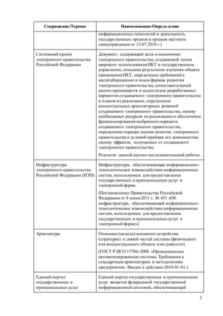 3
Сокращение/Термин Наименование/Определение
информационных технологий в деятельность
государственных органов и органов местного
самоуправления от 13.07.2010 г.)
Системный проект
электронного правительства
Российской Федерации
Документ, содержащий цели и назначение
электронного правительства, создаваемой путем
широкого использования ИКТ в государственном
управлении, описание результатов изучения объекта
применения ИКТ, определение требований к
масштабированию и иным формам развития
электронного правительства, сопоставительный
анализ преимуществ и недостатков разработанных
вариантов создаваемого электронного правительства
и планов их реализации, определение
концептуальных архитектурных решений
создаваемого электронного правительства, оценку
необходимых ресурсов на реализацию и обеспечение
функционирования выбранного варианта
создаваемого электронного правительства,
определение порядка оценки качества электронного
правительства и условий приёмки его компонентов;
оценку эффектов, получаемых от создаваемого
электронного правительства.
Результат данной научно-исследовательской работы.
Инфраструктура
электронного правительства
Российской Федерации (ИЭП)
Инфраструктура, обеспечивающая информационно-
технологическое взаимодействие информационных
систем, используемых для предоставления
государственных и муниципальных услуг в
электронной форме.
(Постановление Правительства Российской
Федерации от 8 июня 2011 г. № 451 «Об
инфраструктуре, обеспечивающей информационно-
технологическое взаимодействие информационных
систем, используемых для предоставления
государственных и муниципальных услуг в
электронной форме»)
Архитектура Описание (модель) основного устройства
(структуры) и связей частей системы (физического
или концептуального объекта или сущности).
(ГОСТ Р ИСО 15704-2008. «Промышленные
автоматизированные системы. Требования к
стандартным архитектурам и методологиям
предприятия». Введен в действие 2010-01-01.)
Единый портал
государственных и
муниципальных услуг
Единый портал государственных и муниципальных
услуг является федеральной государственной
информационной системой, обеспечивающей
 