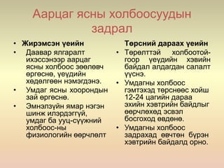 Аарцаг ясны холбоосуудын
задрал
• Жирэмсэн үеийн
• Даавар ялгаралт
ихэссэнээр аарцаг
ясны холбоос зөөлөвч
өргөснө, үеүдийн
хөдөлгөөн нэмэгдэнэ.
• Умдаг ясны хоорондын
зай өргөснө.
• Эмнэлзүйн ямар нэгэн
шинж илэрдэггүй,
умдаг ба ууц-сүүжний
холбоос-ны
физиологийн өөрчлөлт
Төрсний дараах үеийн
• Төрөлттэй холбоотой-
гоор үеүдийн хэвийн
байдал алдагдан салалт
үүснэ.
• Умдагны холбоос
гэмтэхэд төрснөөс хойш
12-24 цагийн дараа
эхийн хэвтрийн байдлыг
өөрчлөхөд эсвэл
босгоход өвдөнө.
• Умдагны холбоос
задрахад өвчтөн бүрэн
хэвтрийн байдалд орно.
 