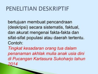 bertujuan membuat pencandraan
(deskripsi) secara sistematis, faktual,
dan akurat mengenai fakta-fakta dan
sifat-sifat populasi atau daerah tertentu.
Contoh:
Tingkat kesadaran orang tua dalam
penanaman akhlak mulia anak usia dini
di Pucangan Kartasura Sukoharjo tahun
2014
 