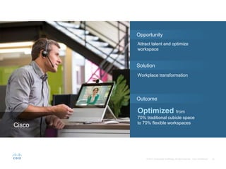 Cisco
Opportunity
Solution
Outcome
Attract talent and optimize
workspace
Workplace transformation
Optimized from
70% traditional cubicle space
to 70% flexible workspaces
 