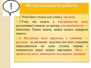 Як організувати роботу
 1. Розставте стільці для учнів у два кола.
 2.Учні, що сидять у внутрішньому колі,
розташовані спиною до центру, а в зовнішньому —
обличчям. Таким чином, кожен сидить навпроти
іншого.
 3. Внутрішнє коло нерухоме, а зовнішнє —
рухливе: за сигналом ведучого всі його учасники
пересуваються на один стілець вправо і
опиняються перед новим партнером. Мета —
пройти все коло, виконуючи поставлене завдання.
 