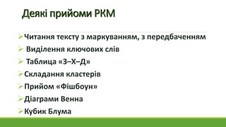 Деякі прийоми РКМ
Читання тексту з маркуванням, з передбаченням
 Виділення ключових слів
 Таблица «З–Х–Д»
Складання кластерів
Прийом «Фішбоун»
Діаграми Венна
Кубик Блума
 