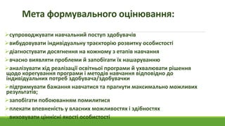 Мета формувального оцінювання:
супроводжувати навчальний поступ здобувачів
вибудовувати індивідуальну траєкторію розвитку особистості
діагностувати досягнення на кожному з етапів навчання
вчасно виявляти проблеми й запобігати їх нашаруванню
аналізувати хід реалізації освітньої програми й ухвалювати рішення
щодо корегування програми і методів навчання відповідно до
індивідуальних потреб здобувача/здобувачки
підтримувати бажання навчатися та прагнути максимально можливих
результатів;
запобігати побоюванням помилитися
плекати впевненість у власних можливостях і здібностях
виховувати ціннісні якості особистості
 