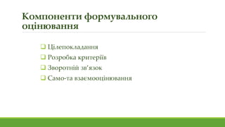Компоненти формувального
оцінювання
 Цілепокладання
 Розробка критеріїв
 Зворотній зв’язок
 Само-та взаємооцінювання
 