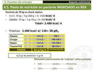 4.5. Pauta de nutrición en paciente INGRESADO en REA
Soporte nutricional4. Fuentes de energía
Paciente de 70 kg en shock séptico
• H d C: 70 kg  4 g=280 g  4= 1920 kcal/ d
• Lípidos: 70 kg  1 g=70 g  9= 560 kcal/ d
Total= 2.480 kcal/ d
• Proteínas: 2.480 kcal/ d/ 120= 20 gN2
Reposo 0 1,0-1,2 150:1
Cirugía 1 1,1-1,3 140-130:1
Sepsis 2 1,3-1,5 110-120:1
Trauma/TCE 3 1,5-1,8 80-110:1
GRADO AA g/kg/d kcal Noprotei:gN2
6,25 gr de proteínas= 1 gr N
Relaciones porcentuales de “calorías” entre sustratos
• HdC------------ Lípidos---------Proteínas
• 50%------------:30%--------------:20%
 