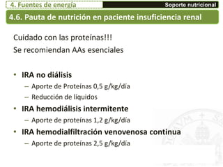 4.6. Pauta de nutrición en paciente insuficiencia renal
Soporte nutricional4. Fuentes de energía
Cuidado con las proteínas!!!
Se recomiendan AAs esenciales
• IRA no diálisis
– Aporte de Proteínas 0,5 g/kg/día
– Reducción de líquidos
• IRA hemodiálisis intermitente
– Aporte de proteínas 1,2 g/kg/día
• IRA hemodialfiltración venovenosa continua
– Aporte de proteínas 2,5 g/kg/día
 