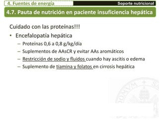 4.7. Pauta de nutrición en paciente insuficiencia hepática
Soporte nutricional4. Fuentes de energía
Cuidado con las proteínas!!!
• Encefalopatía hepática
– Proteínas 0,6 a 0,8 g/kg/día
– Suplementos de AAsCR y evitar AAs aromáticos
– Restricción de sodio y fluidos cuando hay ascitis o edema
– Suplemento de tiamina y folatos en cirrosis hepática
 