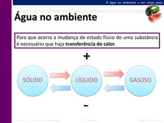 A água no ambiente e nos seres vivos




Água no ambiente
  Para que ocorra a mudança de estado físico de uma substância
  é necessário que haja transferência de calor.

                                       +

       SÓLIDO                        LÍQUIDO                       GASOSO



                                       -
Ciências – 6º ano Ens. Fundamental     4º Bimestre                       Profa. Rebeca Vale
 