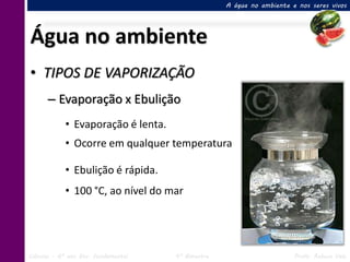 A água no ambiente e nos seres vivos




Água no ambiente
• TIPOS DE VAPORIZAÇÃO
      – Evaporação x Ebulição
            • Evaporação é lenta.
            • Ocorre em qualquer temperatura

            • Ebulição é rápida.
            • 100 °C, ao nível do mar




Ciências – 6º ano Ens. Fundamental   4º Bimestre                       Profa. Rebeca Vale
 