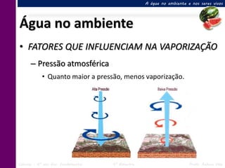 A água no ambiente e nos seres vivos




Água no ambiente
• FATORES QUE INFLUENCIAM NA VAPORIZAÇÃO
      – Pressão atmosférica
            • Quanto maior a pressão, menos vaporização.




Ciências – 6º ano Ens. Fundamental   4º Bimestre                       Profa. Rebeca Vale
 