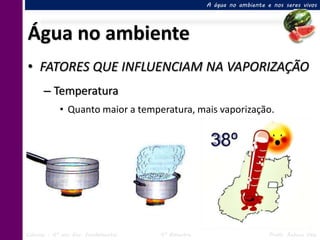 A água no ambiente e nos seres vivos




Água no ambiente
• FATORES QUE INFLUENCIAM NA VAPORIZAÇÃO
      – Temperatura
            • Quanto maior a temperatura, mais vaporização.




Ciências – 6º ano Ens. Fundamental   4º Bimestre                       Profa. Rebeca Vale
 
