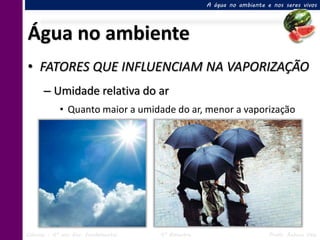 A água no ambiente e nos seres vivos




Água no ambiente
• FATORES QUE INFLUENCIAM NA VAPORIZAÇÃO
      – Umidade relativa do ar
            • Quanto maior a umidade do ar, menor a vaporização




Ciências – 6º ano Ens. Fundamental   4º Bimestre                       Profa. Rebeca Vale
 
