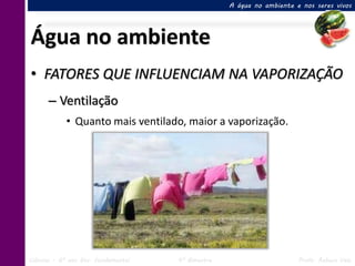 A água no ambiente e nos seres vivos




Água no ambiente
• FATORES QUE INFLUENCIAM NA VAPORIZAÇÃO
      – Ventilação
            • Quanto mais ventilado, maior a vaporização.




Ciências – 6º ano Ens. Fundamental   4º Bimestre                       Profa. Rebeca Vale
 