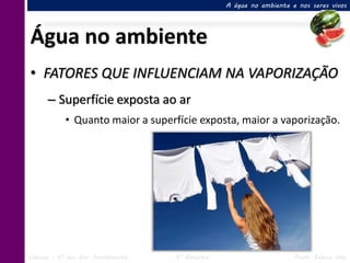 A água no ambiente e nos seres vivos




Água no ambiente
• FATORES QUE INFLUENCIAM NA VAPORIZAÇÃO
      – Superfície exposta ao ar
            • Quanto maior a superfície exposta, maior a vaporização.




Ciências – 6º ano Ens. Fundamental   4º Bimestre                       Profa. Rebeca Vale
 