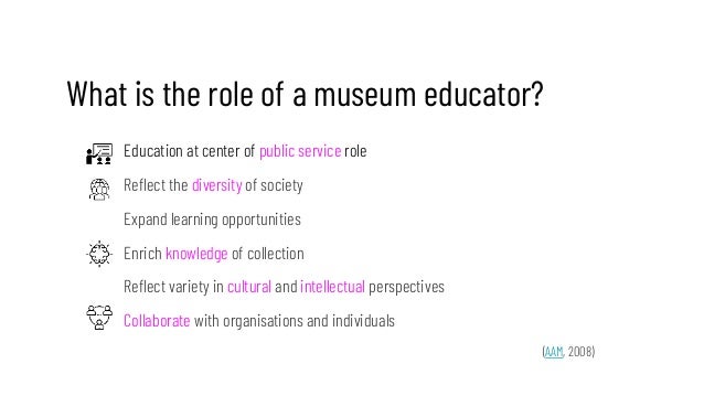 What is the role of a museum educator?
Education at center of public service role
Reflect the diversity of society
Expand ...