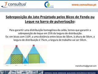 Sobreposição do Jato Projetado pelos Bicos de Fenda ou
Leque na barra de pulverização:
Para garantir uma distribuição homogénea da calda, temos que garantir a
sobreposição do leque em 25% da largura de distribuição.
Ex: em bicos com 110º, a uma distância entre bicos de 50cm, à altura de 50cm, a
largura de distribuição é 75cm, a largura de trabalho vai ser 50cm.
mariofcunha@gmail.com
 