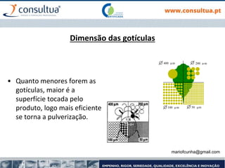 mariofcunha@gmail.com
Dimensão das gotículas
• Quanto menores forem as
gotículas, maior é a
superfície tocada pelo
produto, logo mais eficiente
se torna a pulverização.
50 m
100 m
200 m
400 m




 