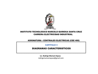INSTITUTO TECNOLOGICO MARCELO QUIROGA SANTA CRUZ
CAPITULO 3
DIAGRAMAS CARACTERISTICOS
CARRERA ELECTRICIDAD INDUSTRIAL
ASIGNATURA : CENTRALES ELECTRICAS (CEE 400)
Lic. Rodrigo Mamani Apaza
rodrigomamaniapaza@gmail.com
 