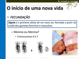 Da concepção ao nascimento




O início de uma nova vida
 • FECUNDAÇÃO
   Zigoto é a primeira célula de um novo ser, formada a partir da
   união dos gametas feminino e masculino.

       – Menino ou Menina?
             • Cromossomos X e Y




Ciências – 8º ano Ens. Fundamental   3º Bimestre             Profa. Rebeca Vale
 