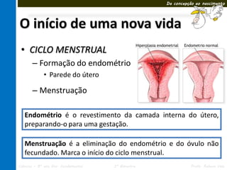 Da concepção ao nascimento




O início de uma nova vida
 • CICLO MENSTRUAL
       – Formação do endométrio
             • Parede do útero

       – Menstruação

   Endométrio é o revestimento da camada interna do útero,
   preparando-o para uma gestação.

   Menstruação é a eliminação do endométrio e do óvulo não
   fecundado. Marca o início do ciclo menstrual.
Ciências – 8º ano Ens. Fundamental   3º Bimestre             Profa. Rebeca Vale
 