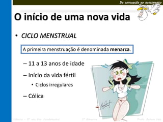 Da concepção ao nascimento




O início de uma nova vida
 • CICLO MENSTRUAL
       A primeira menstruação é denominada menarca.

       – 11 a 13 anos de idade
       – Início da vida fértil
             • Ciclos irregulares

       – Cólica


Ciências – 8º ano Ens. Fundamental   3º Bimestre             Profa. Rebeca Vale
 