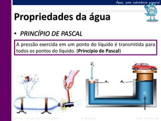 Água, uma substância especial




Propriedades da água
• PRINCÍPIO DE PASCAL
  A pressão exercida em um ponto do líquido é transmitida para
  todos os pontos do líquido. (Princípio de Pascal)




Ciências – 6º ano Ens. Fundamental   4º Bimestre               Profa. Rebeca Vale
 