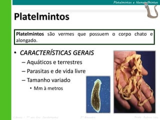 Platelmintos e Nematelmintos




Platelmintos
  Platelmintos são vermes que possuem o corpo chato e
  alongado.

• CARACTERÍSTICAS GERAIS
      – Aquáticos e terrestres
      – Parasitas e de vida livre
      – Tamanho variado
            • Mm à metros




Ciências – 7º ano Ens. Fundamental   3º Bimestre                Profa. Rebeca Vale
 