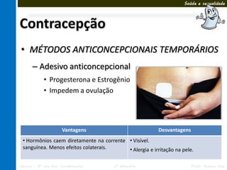 Saúde e sexualidade




Contracepção
 • MÉTODOS ANTICONCEPCIONAIS TEMPORÁRIOS
       – Adesivo anticoncepcional
             • Progesterona e Estrogênio
             • Impedem a ovulação




                       Vantagens                          Desvantagens
  • Hormônios caem diretamente na corrente • Visível.
  sanguínea. Menos efeitos colaterais.     • Alergia e irritação na pele.

Ciências – 8º ano Ens. Fundamental     3º Bimestre                      Profa. Rebeca Vale
 