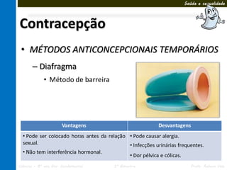 Saúde e sexualidade




Contracepção
 • MÉTODOS ANTICONCEPCIONAIS TEMPORÁRIOS
       – Diafragma
             • Método de barreira




                       Vantagens                          Desvantagens
  • Pode ser colocado horas antes da relação • Pode causar alergia.
  sexual.                                    • Infecções urinárias frequentes.
  • Não tem interferência hormonal.
                                             • Dor pélvica e cólicas.
Ciências – 8º ano Ens. Fundamental      3º Bimestre                     Profa. Rebeca Vale
 
