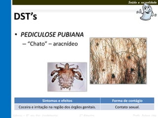 Saúde e sexualidade




DST’s
 • PEDICULOSE PUBIANA
       – “Chato” – aracnídeo




                      Sintomas e efeitos                 Forma de contágio
    Coceira e irritação na região dos órgãos genitais.    Contato sexual.

Ciências – 8º ano Ens. Fundamental         3º Bimestre               Profa. Rebeca Vale
 