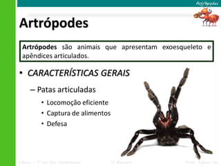 Artrópodes




Artrópodes
  Artrópodes são animais que apresentam exoesqueleto e
  apêndices articulados.

• CARACTERÍSTICAS GERAIS
      – Patas articuladas
            • Locomoção eficiente
            • Captura de alimentos
            • Defesa




Ciências – 7º ano Ens. Fundamental   3º Bimestre   Profa. Rebeca Vale
 