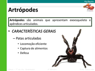 Artrópodes




Artrópodes
  Artrópodes são animais que apresentam exoesqueleto e
  apêndices articulados.

• CARACTERÍSTIC...