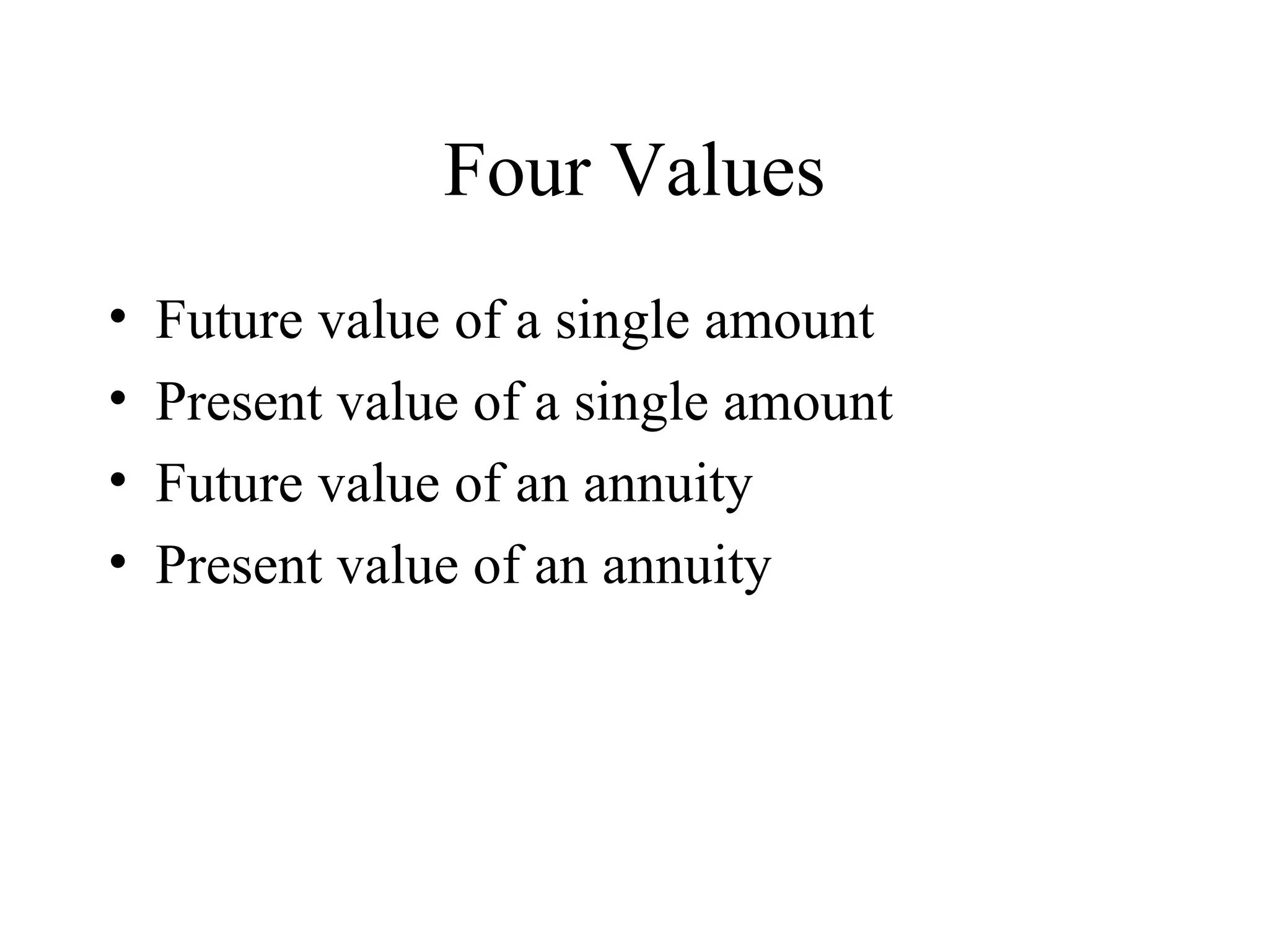 Four Values Future value of a single amount Present value of a single amount Future value of an annuity Present value of an annuity 