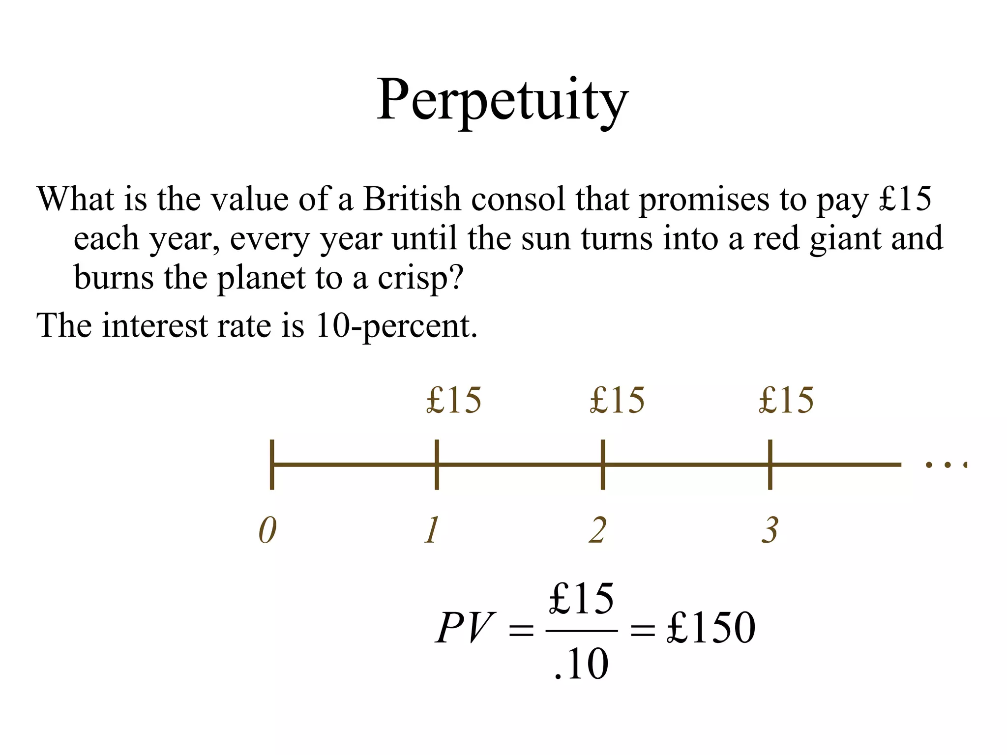 Perpetuity What is the value of a British consol that promises to pay  £15 each year, every year until the sun turns into a red giant and burns the planet to a crisp?  The interest rate is 10-percent . … 0 1 £15 2 £15 3 £15 
