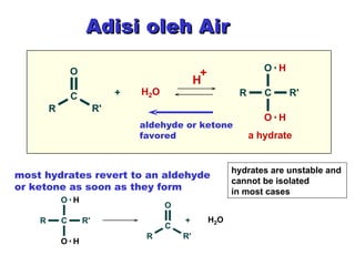 hydrates are unstable and cannot be isolated in most cases Adisi oleh Air most hydrates revert to an aldehyde  or ketone as soon as they form aldehyde or ketone favored 