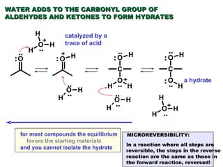 .. .. .. .. .. .. .. .. .. .. : : : : : + + + a hydrate WATER ADDS TO THE CARBONYL GROUP OF  ALDEHYDES AND KETONES TO FORM HYDRATES catalyzed by a trace of acid In a reaction where all steps are reversible, the steps in the reverse reaction are the same as those in the forward reaction, reversed! MICROREVERSIBILITY: .. + for most compounds the equilibrium favors the starting materials   and you cannot isolate the hydrate 
