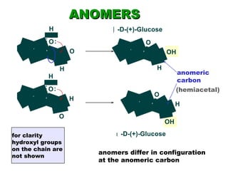 ANOMERS  for clarity hydroxyl groups  on the chain are  not shown anomeric carbon (hemiacetal) anomers differ in configuration at the anomeric carbon 
