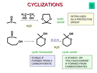 cyclic hemiacetal R-O-H H 2 O cyclic acetal cyclic acetal H 2 O OFTEN USED AS A PROTECTIVE GROUP STABLE IF  FORMED FROM A CARBOHYDRATE A STARCH  OR “ POLYSACCHARIDE” IF FORMED FROM CARBOHYDRATES CYCLIZATIONS 