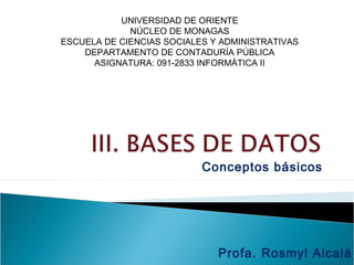 UNIVERSIDAD DE ORIENTE
             NÚCLEO DE MONAGAS
ESCUELA DE CIENCIAS SOCIALES Y ADMINISTRATIVAS
    DEPARTAMENTO DE CONTADURÍA PÚBLICA
      ASIGNATURA: 091-2833 INFORMÁTICA II




                           Conceptos básicos




                              Profa. Rosmyl Alcalá
 