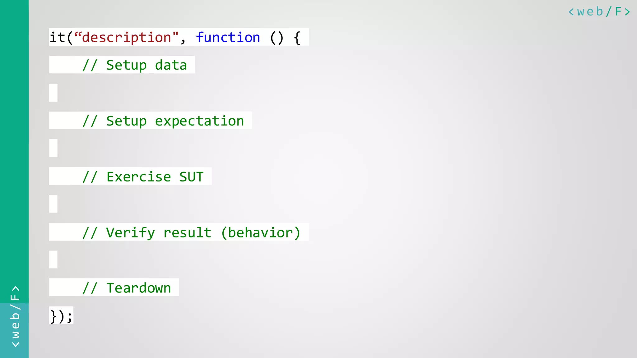 < w e b / F><web/F> it(“description", function () { // Setup data // Setup expectation // Exercise SUT // Verify result (behavior) // Teardown }); 
