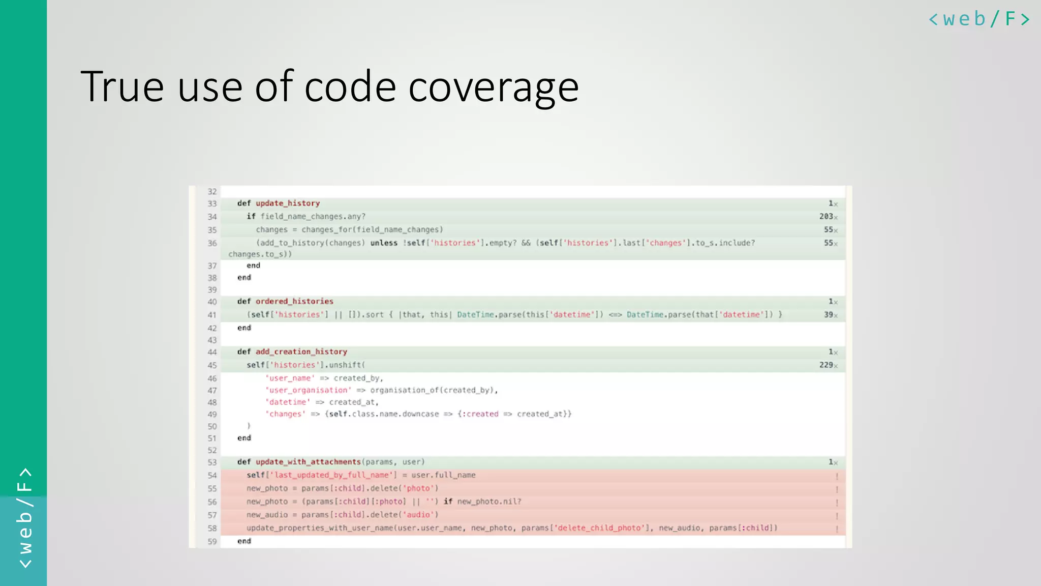< w e b / F><web/F> True use of code coverage 