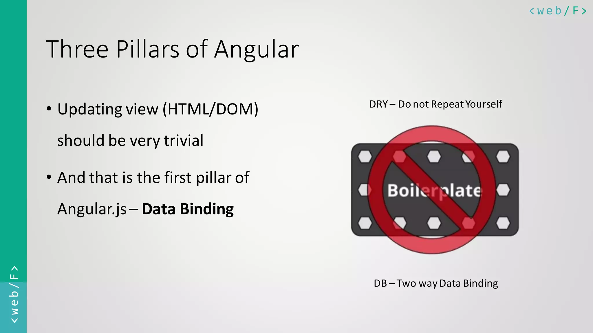 < w e b / F><web/F> Three Pillars of Angular • Updating view (HTML/DOM) should be very trivial • And that is the first pillar of Angular.js– Data Binding DRY – Do not RepeatYourself DB – Two wayData Binding 