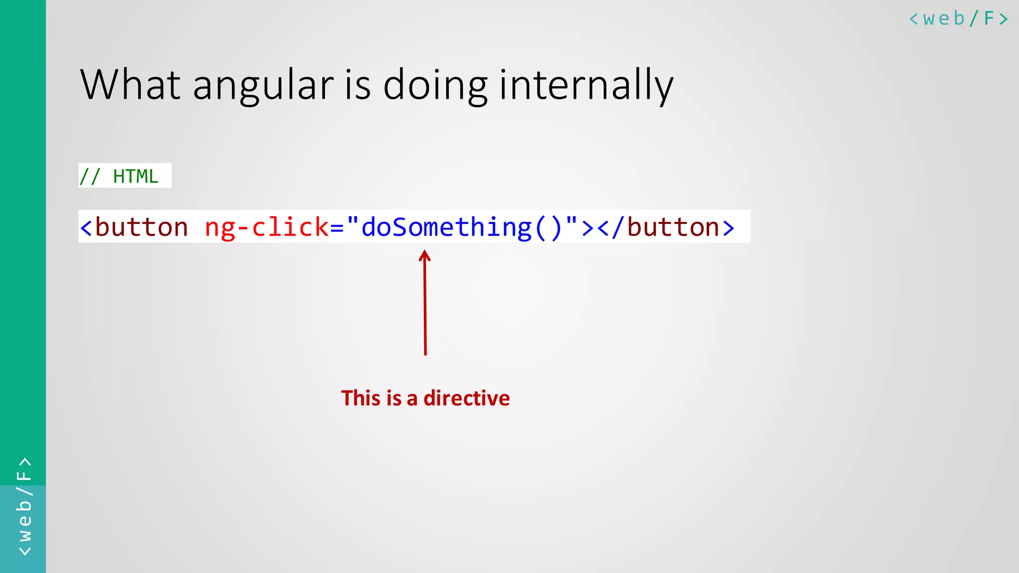 < w e b / F><web/F> What angular is doing internally // HTML <button ng-click="doSomething()"></button> This is a directive 