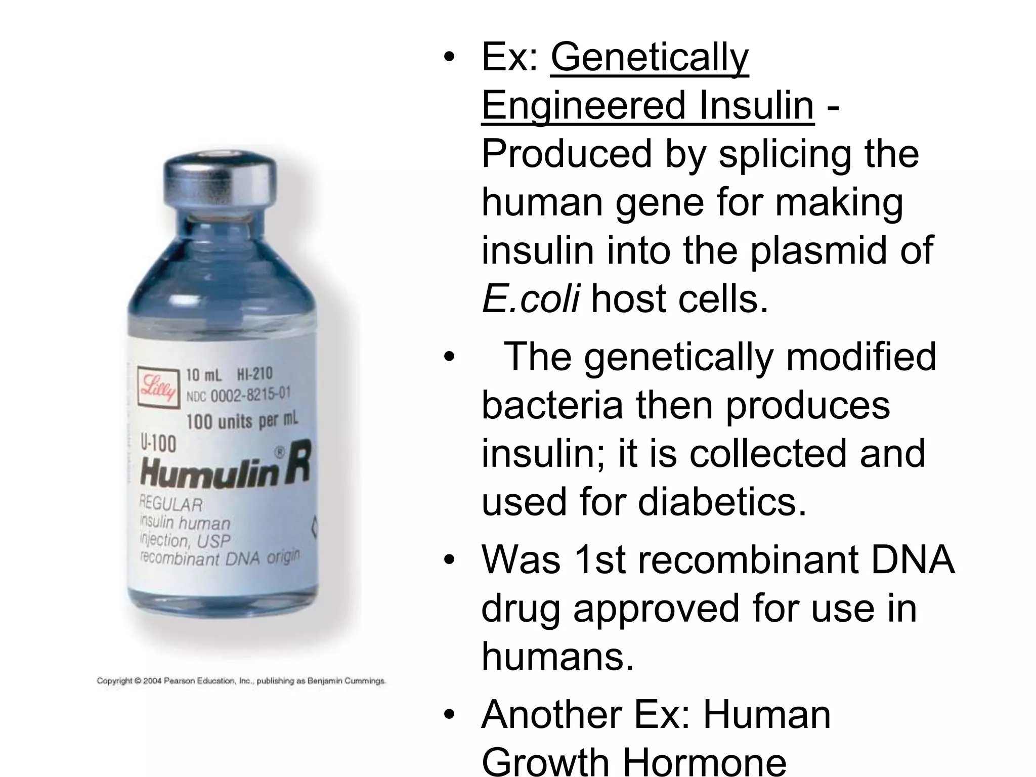 • Ex: Genetically
  Engineered Insulin -
  Produced by splicing the
  human gene for making
  insulin into the plasmid of
  E.coli host cells.
• The genetically modified
  bacteria then produces
  insulin; it is collected and
  used for diabetics.
• Was 1st recombinant DNA
  drug approved for use in
  humans.
• Another Ex: Human
  Growth Hormone
 