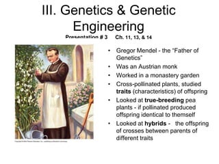 III. Genetics & Genetic
      Engineering
    Presentation # 3     Ch. 11, 13, & 14

                       • Gregor Mendel - the ―Father of
                         Genetics‖
                       • Was an Austrian monk
                       • Worked in a monastery garden
                       • Cross-pollinated plants, studied
                         traits (characteristics) of offspring
                       • Looked at true-breeding pea
                         plants - if pollinated produced
                         offspring identical to themself
                       • Looked at hybrids - the offspring
                         of crosses between parents of
                         different traits
 