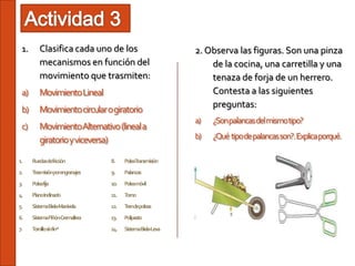 1.       Clasifica cada uno de los                       2. Observa las figuras. Son una pinza
          mecanismos en función del                           de la cocina, una carretilla y una
          movimiento que trasmiten:                           tenaza de forja de un herrero.
 a)       Movimiento Lineal                                   Contesta a las siguientes
                                                              preguntas:
 b)       Movimiento circular o giratorio
                                                          a)   ¿Son palancas del mismo tipo?
 c)       MovimientoAlternativo (lineal a
          giratorio y viceversa)                          b)   ¿Qué tipo de palancas son?. Explica porqué.

1.    Ruedasdefricción          8.    PoleaTransmisión
2.    Trasmisiónporengranajes   9.    Palancas
3.    Poleafija                 10.   Poleamóvil
4.    PlanoInclinado            11.   Torno
5.    SistemaBiela-Manivela     12.   Trendepoleas
6.    SistemaPiñón-Cremallera   13.   Polipasto
7.    Tornillosinfin*           14.   SistemaBiela-Leva
 