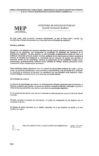 NORMAS Y PROCEDIMIENTOS PARA EL MANEJO TÉCNICO - ADMINISTRATIVO DE LOS SERVICIOS EDUCATIVOS PARA ESTUDIANTES
                  DE III Y IV CICLO DE EDUCACIÓN ESPECIAL EN COLEGIOS TÉCNICOS Y ACADÉMICOS




182
 
