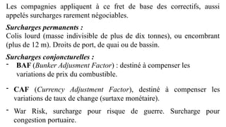 Les compagnies appliquent à ce fret de base des correctifs, aussi
appelés surcharges rarement négociables.
Surcharges permanents :
Colis lourd (masse indivisible de plus de dix tonnes), ou encombrant
(plus de 12 m). Droits de port, de quai ou de bassin.
Surcharges conjoncturelles :
- BAF (Bunker Adjusment Factor) : destiné à compenser les
variations de prix du combustible.
- CAF (Currency Adjustment Factor), destiné à compenser les
variations de taux de change (surtaxe monétaire).
- War Risk, surcharge pour risque de guerre. Surcharge pour
congestion portuaire.
 